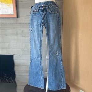 Vintage True Religion Blue Distressed Flared Jeans w goddess appliqué on back